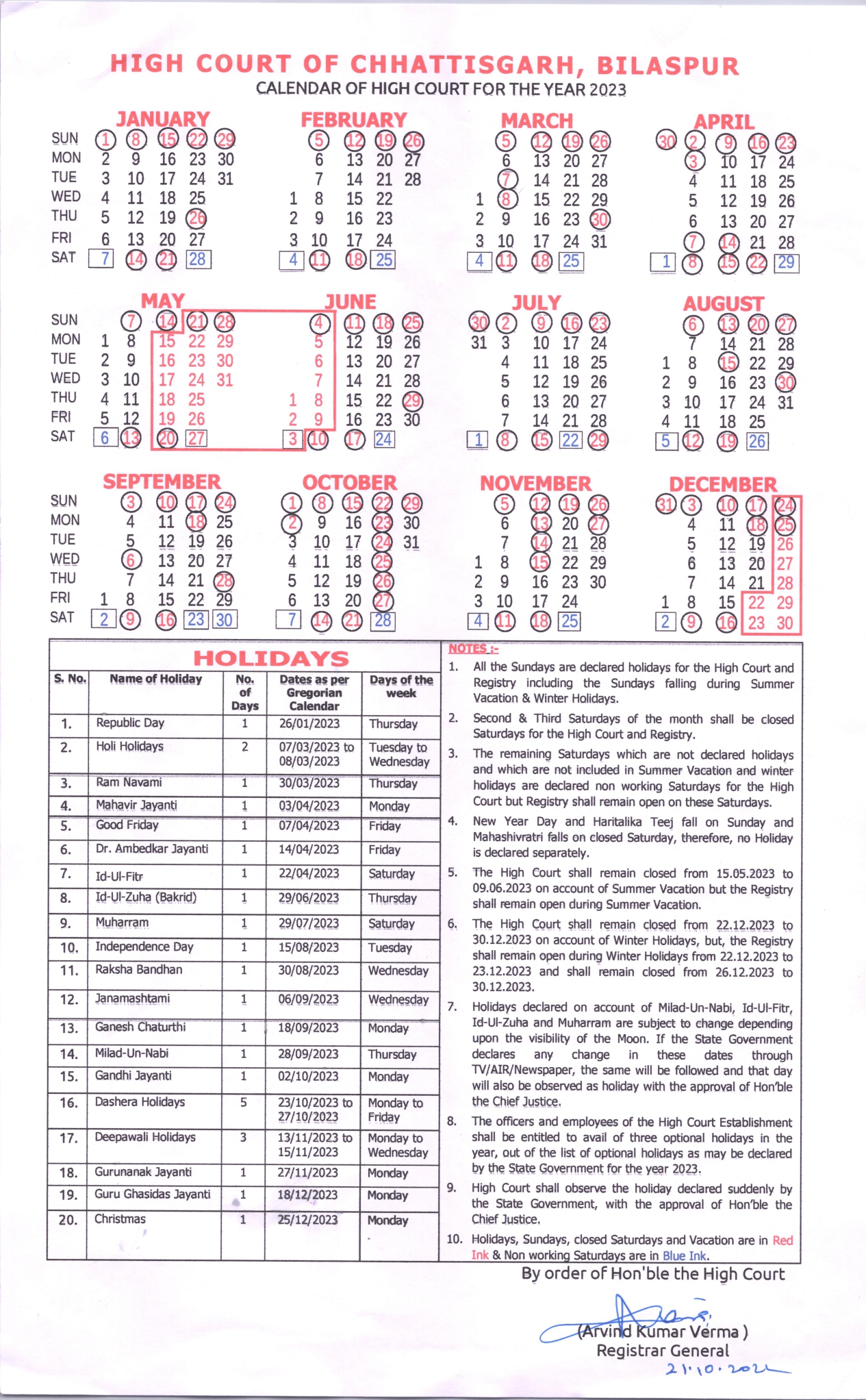 Chhattisgarh High Court Holiday 2023 छत्तीसगढ़ उच्च न्यायालय अवकाश 2023