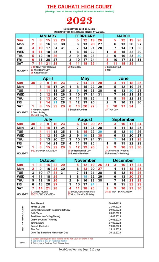 Gauhati High Court Calendar 2023 Vacation and Holidays Notification