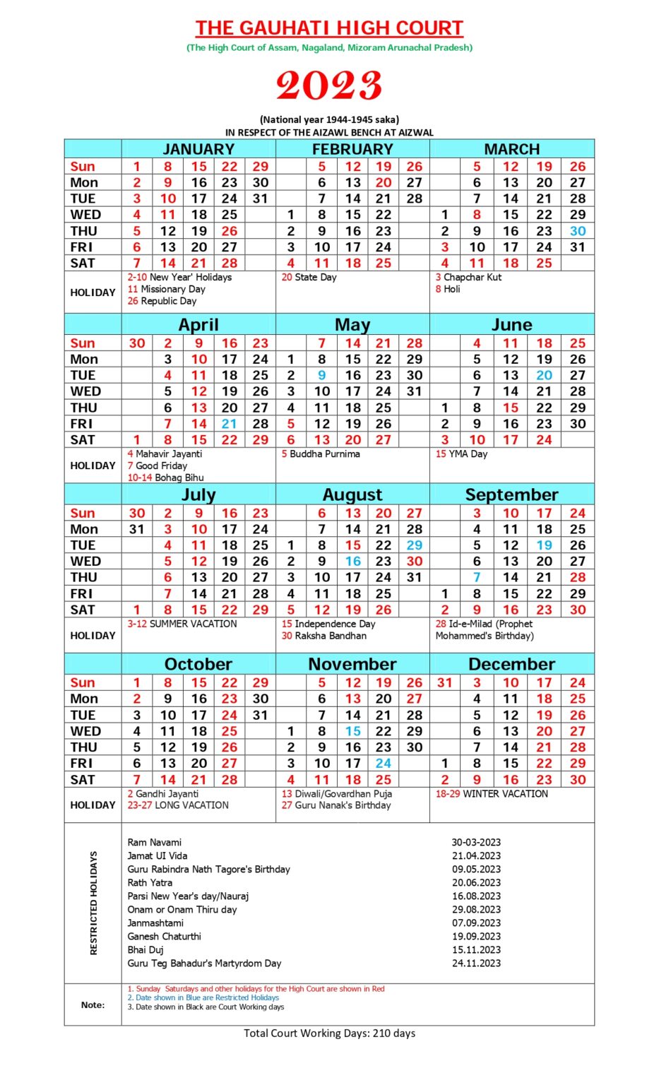 Gauhati High Court Calendar 2023 Vacation and Holidays Notification