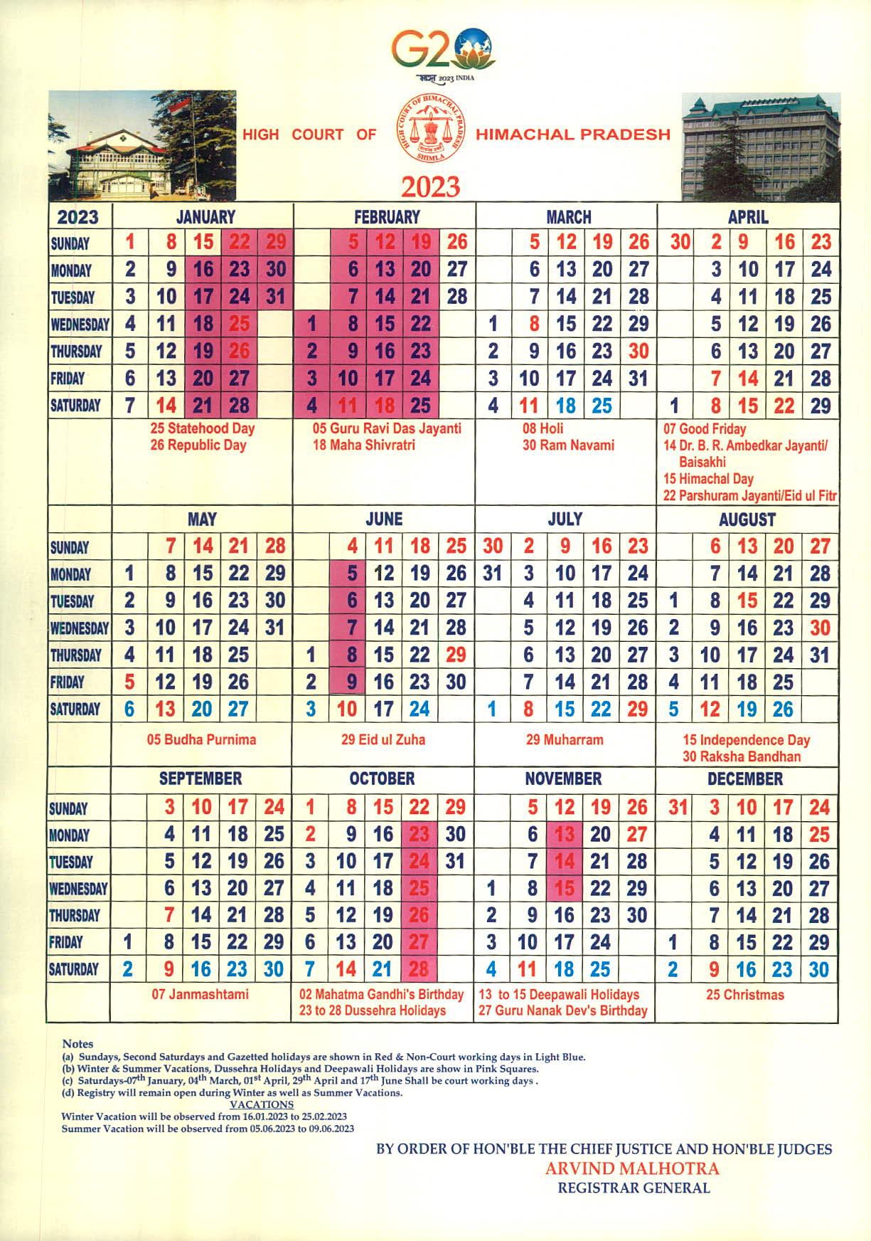 Himachal Pradesh High Court Holiday 2023 हिमाचल प्रदेश उच्च न्यायालय