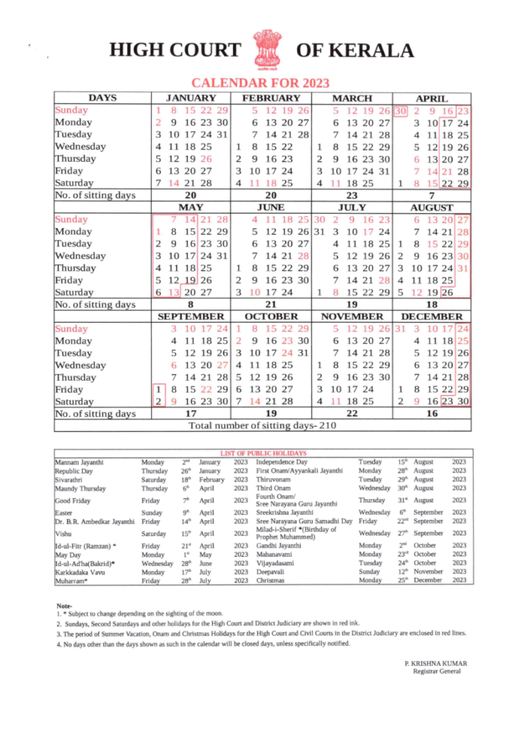 Kerala High Court Holiday 2023 2023