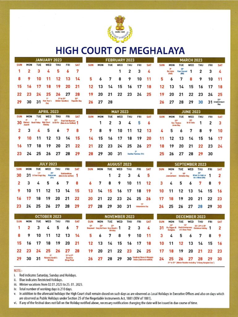 Meghalaya High Court Holiday 2023 मेघालय उच्च न्यायालय अवकाश 2023