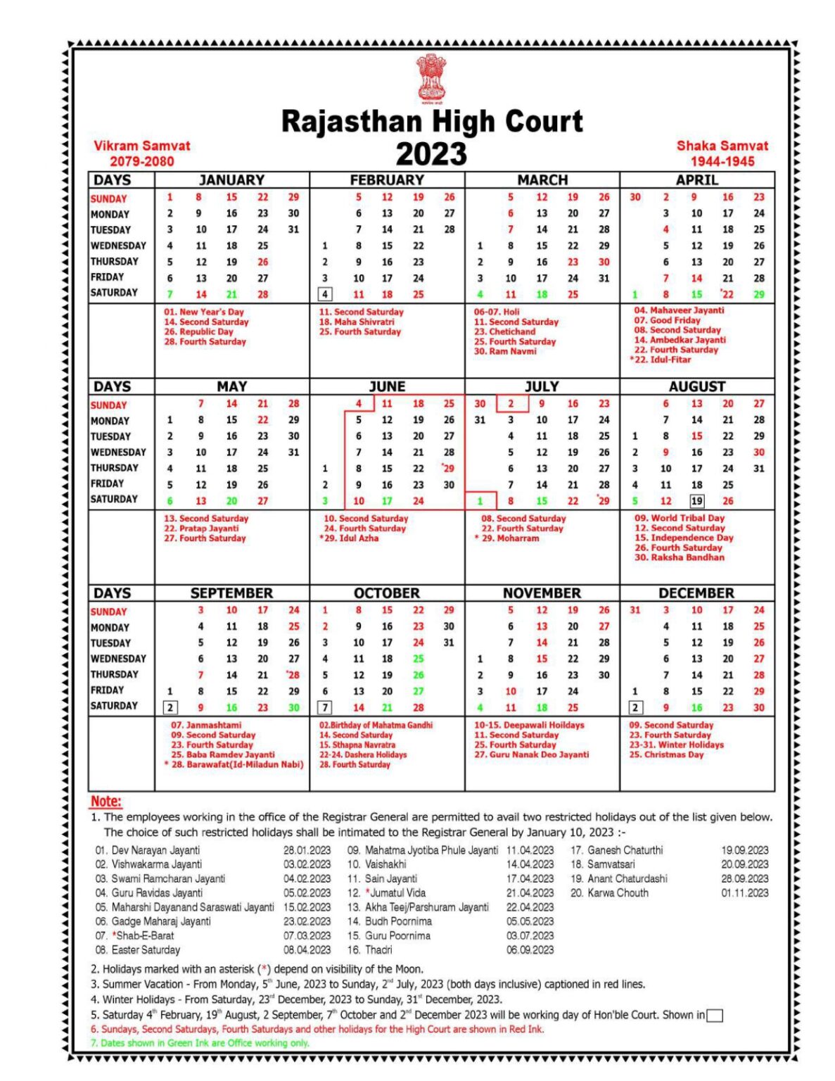 Rajasthan High Court Holiday 2023 राजस्थान उच्च न्यायालय अवकाश 2023
