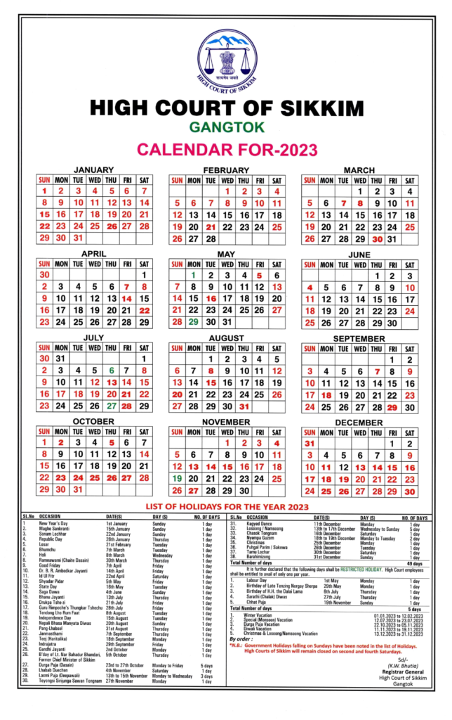 Sikkim Government Calendar 2025 