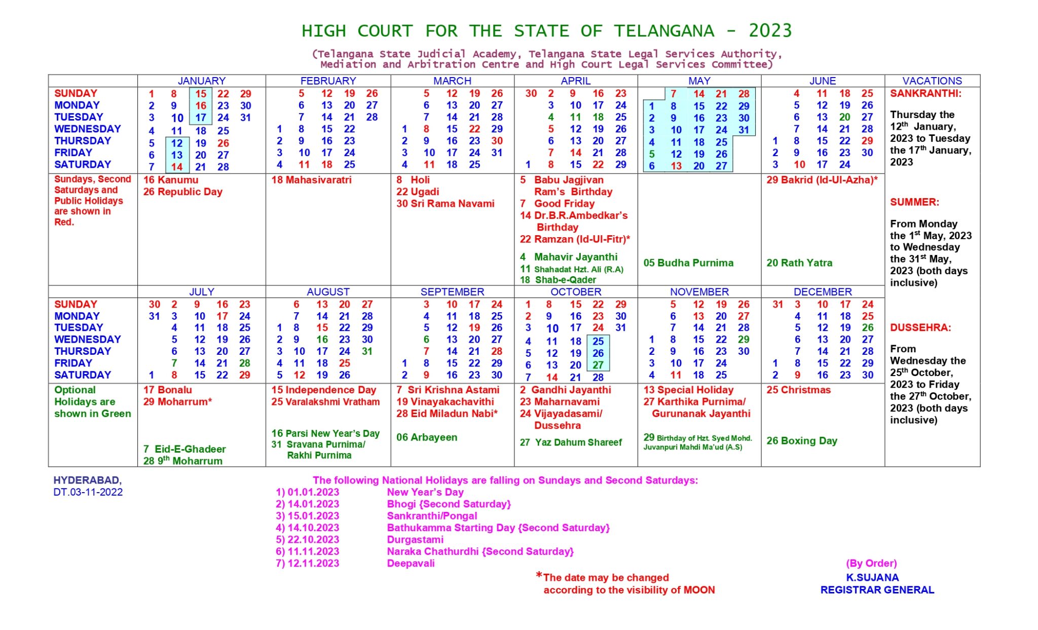Telangana High Court Holiday 2023 తెలంగాణ హైకోర్టు సెలవు 2023